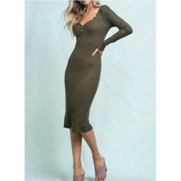 Olive Green Ribbed Knit Long Sleeve Bodycon Midi Dress - Picture 3 of 7